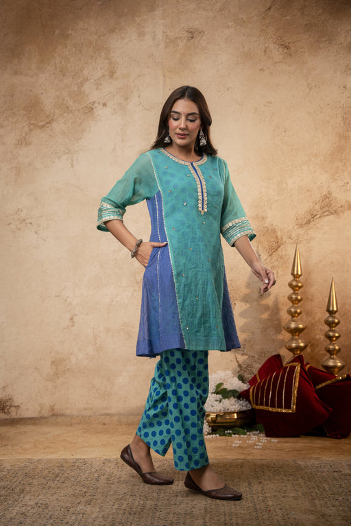 Zari Sequin Work Green-Blue Kota Doria Kurta Set with Polka Print Inner & Salwar