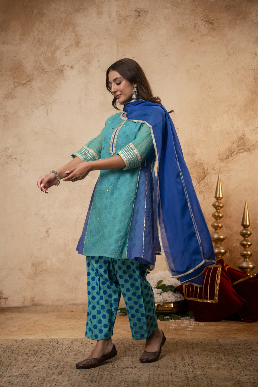 Zari Sequin Work Green-Blue Kota Doria Suit Set with Polka Print Inner & Salwar