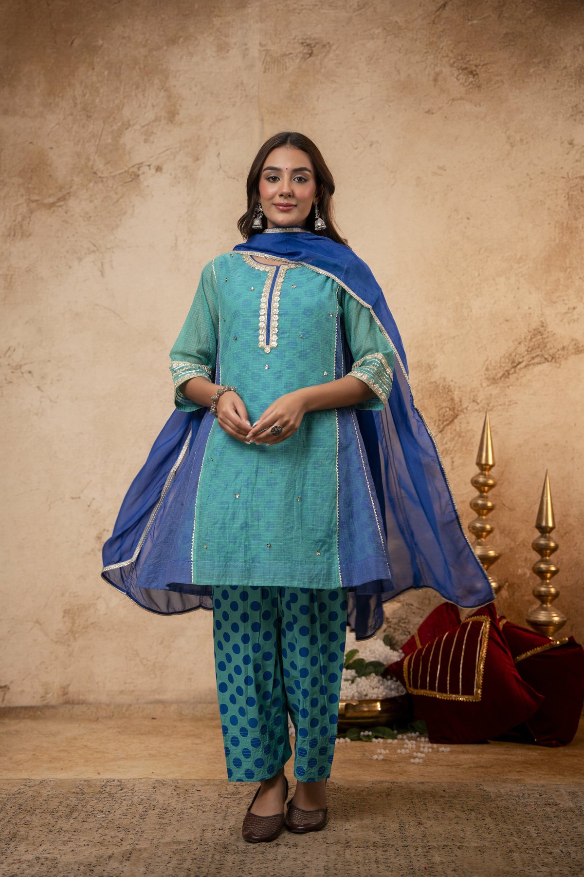 Zari Sequin Work Green-Blue Kota Doria Suit Set with Polka Print Inner & Salwar