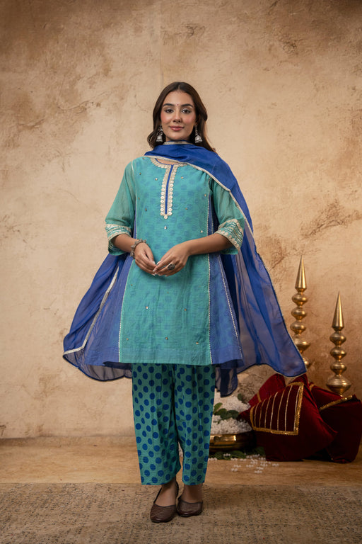Zari Sequin Work Green-Blue Kota Doria Suit Set with Polka Print Inner & Salwar