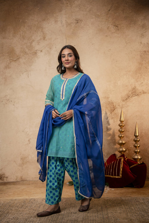 Zari Sequin Work Green-Blue Kota Doria Suit Set with Polka Print Inner & Salwar