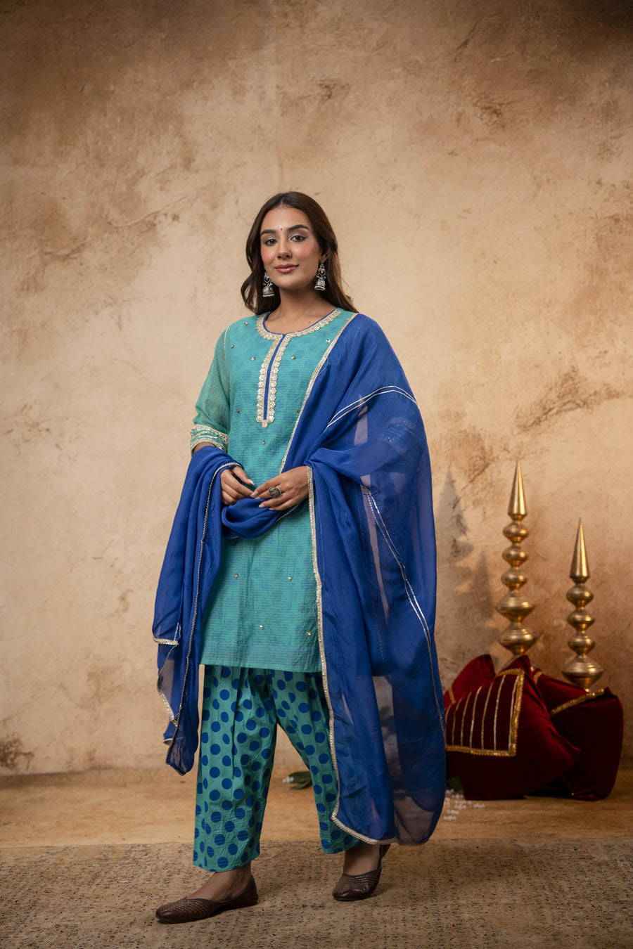 Zari Sequin Work Green-Blue Kota Doria Suit Set with Polka Print Inner & Salwar