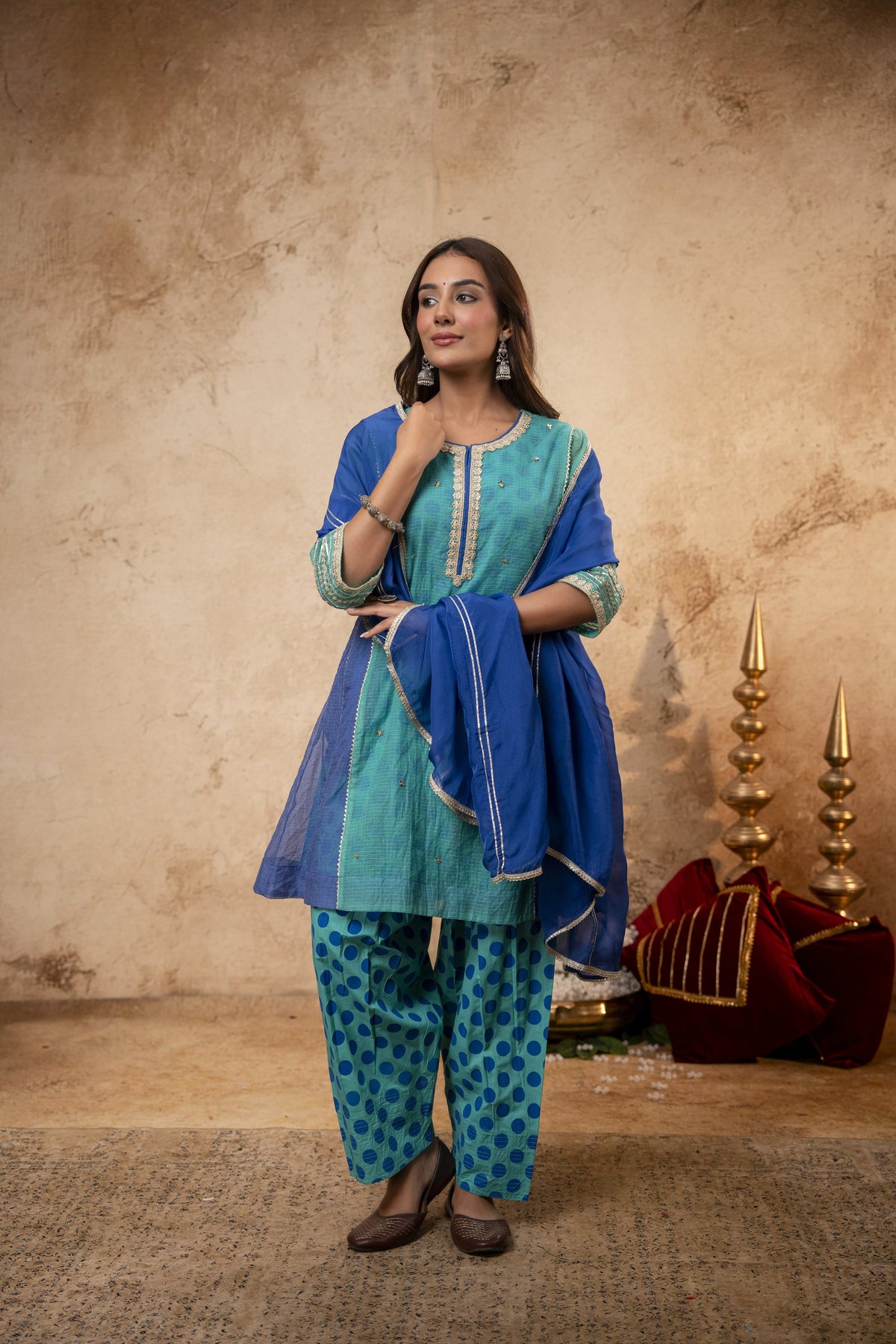 Zari Sequin Work Green-Blue Kota Doria Suit Set with Polka Print Inner & Salwar