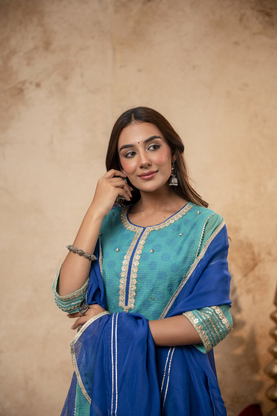 Zari Sequin Work Green-Blue Kota Doria Suit Set with Polka Print Inner & Salwar