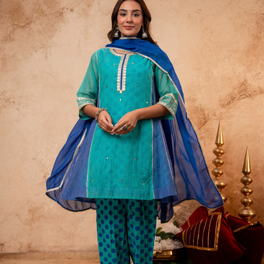 Zari Sequin Work Green-Blue Kota Doria Suit Set with Polka Print Inner & Salwar