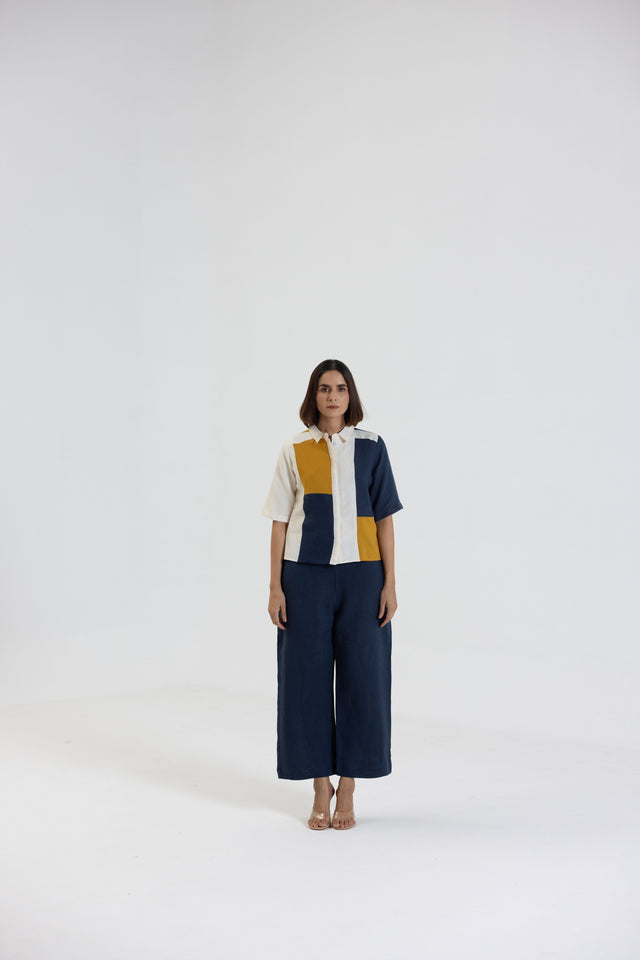 Cotton Linen Shirt in Color Block