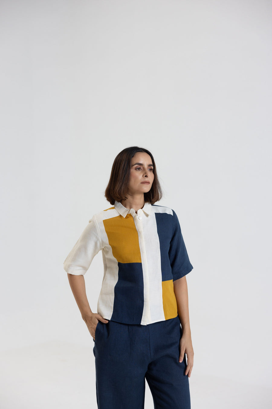 Cotton Linen Shirt in Color Block
