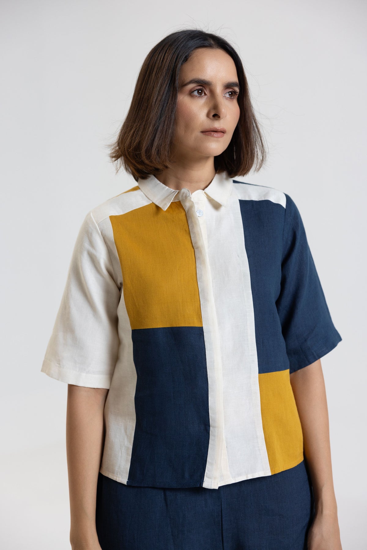 Cotton Linen Shirt in Color Block
