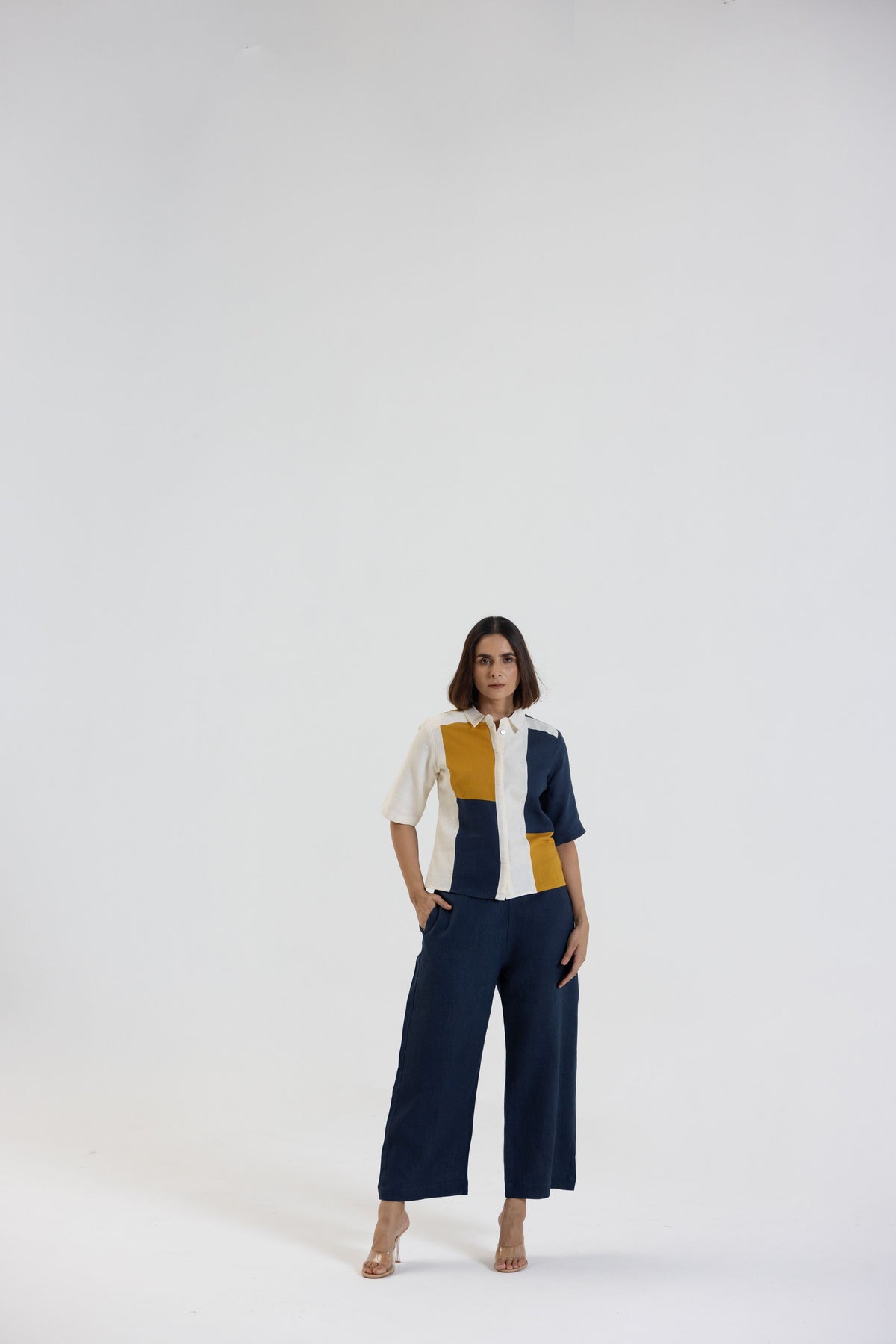 Cotton Linen Shirt in Color Block