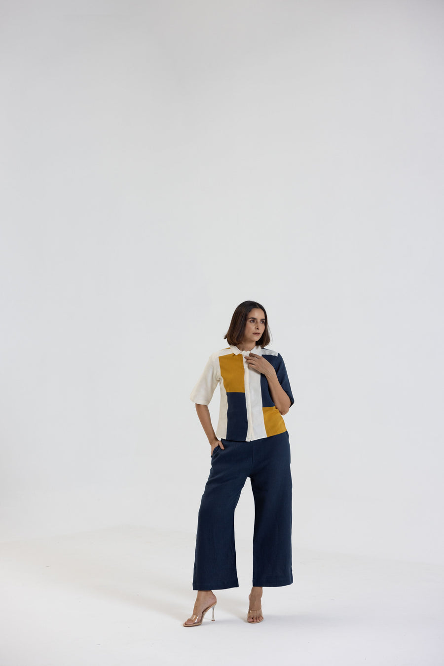 Cotton Linen Shirt in Color Block
