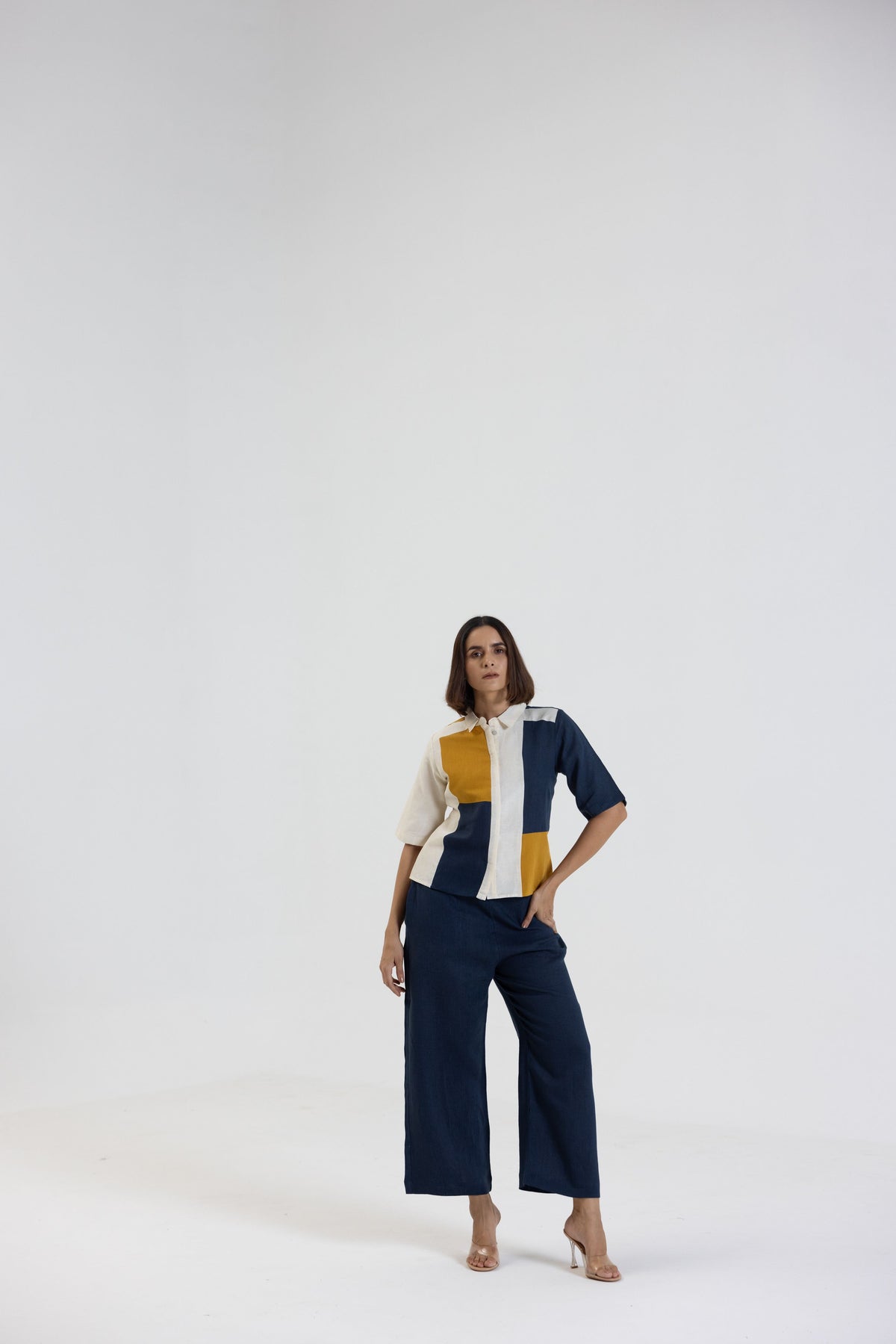 Cotton Linen Shirt Pant Set in Colour Block