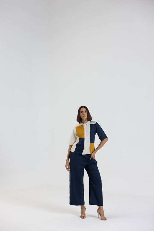 Cotton Linen Shirt Pant Set in Colour Block