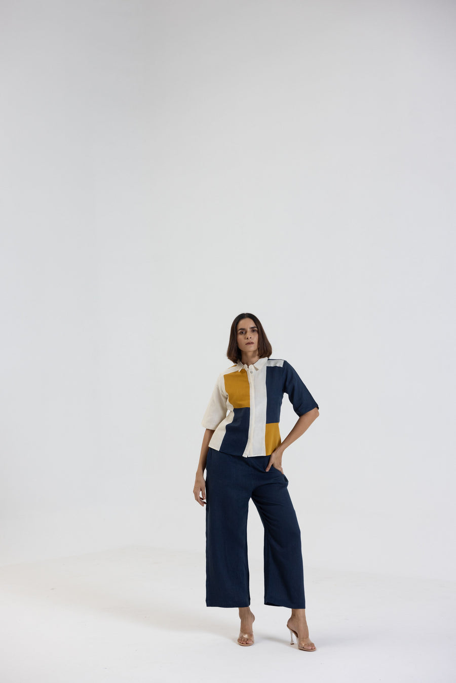 Cotton Linen Shirt Pant Set in Colour Block