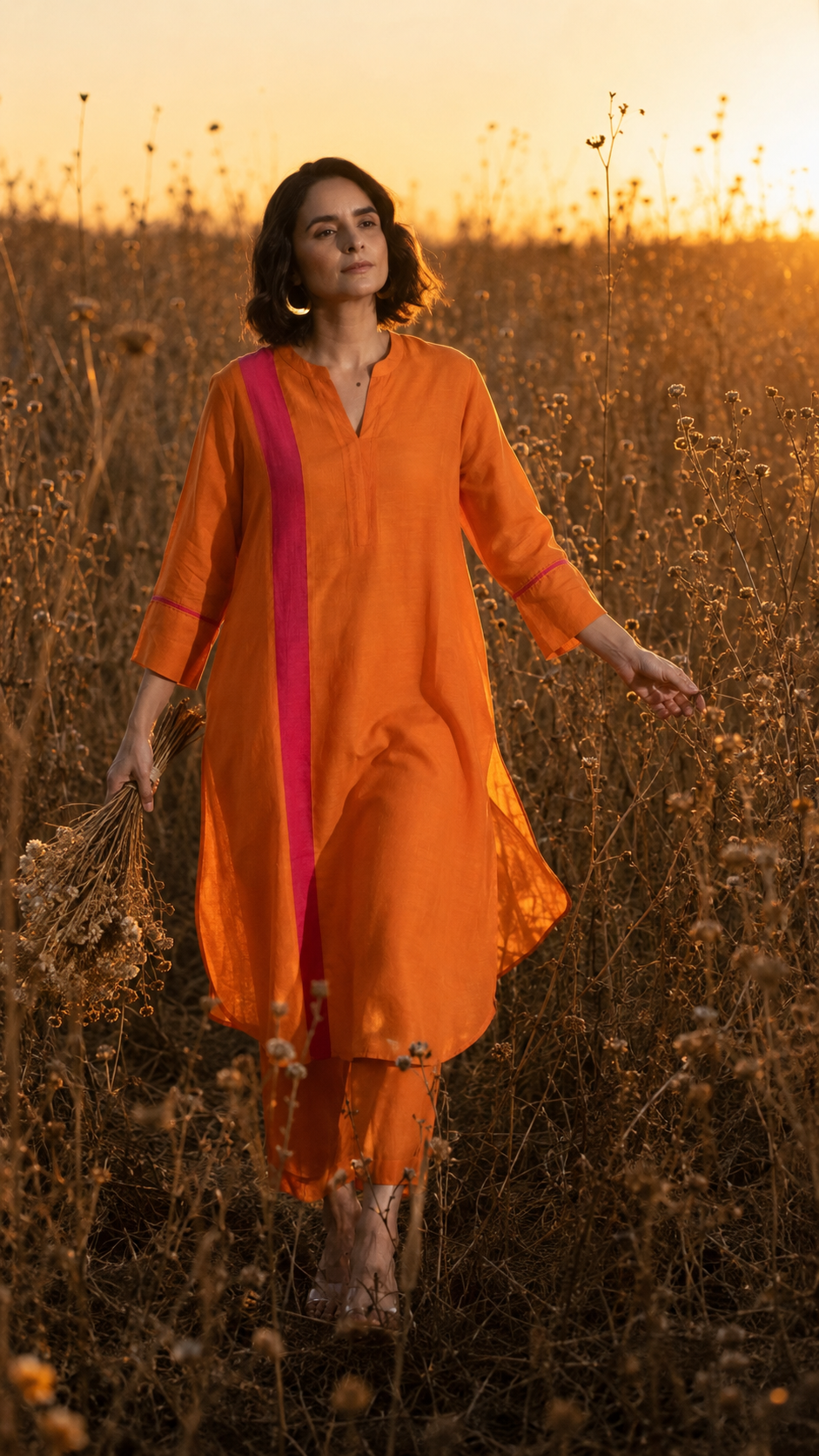 Orange Viscose Linen Colour Block Mandarin Neck Co-Ord