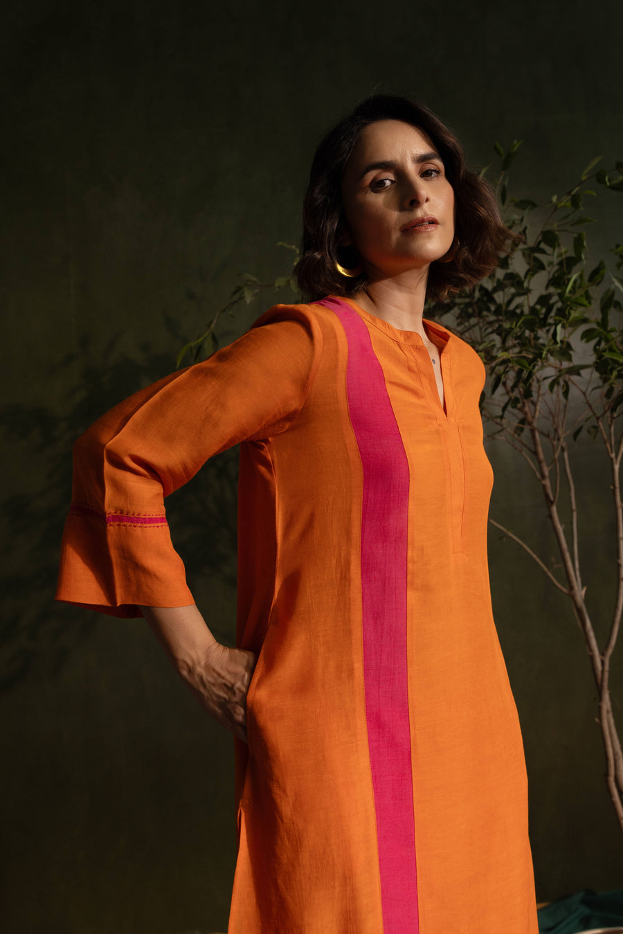 Orange Viscose Linen Colour Block Mandarin Neck Co-Ord