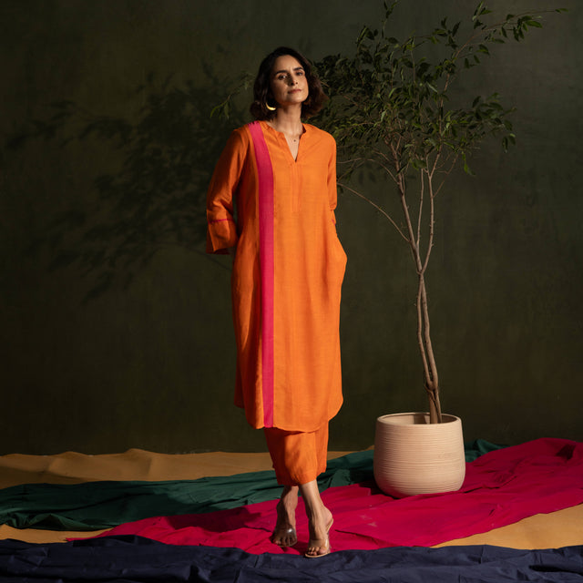 Orange Viscose Linen Colour Block Mandarin Neck Co-Ord