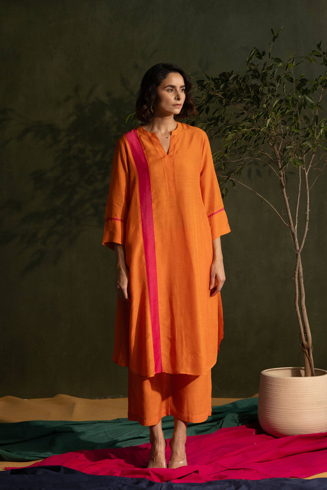 Orange Viscose Linen Colour Block Mandarin Neck Co-Ord