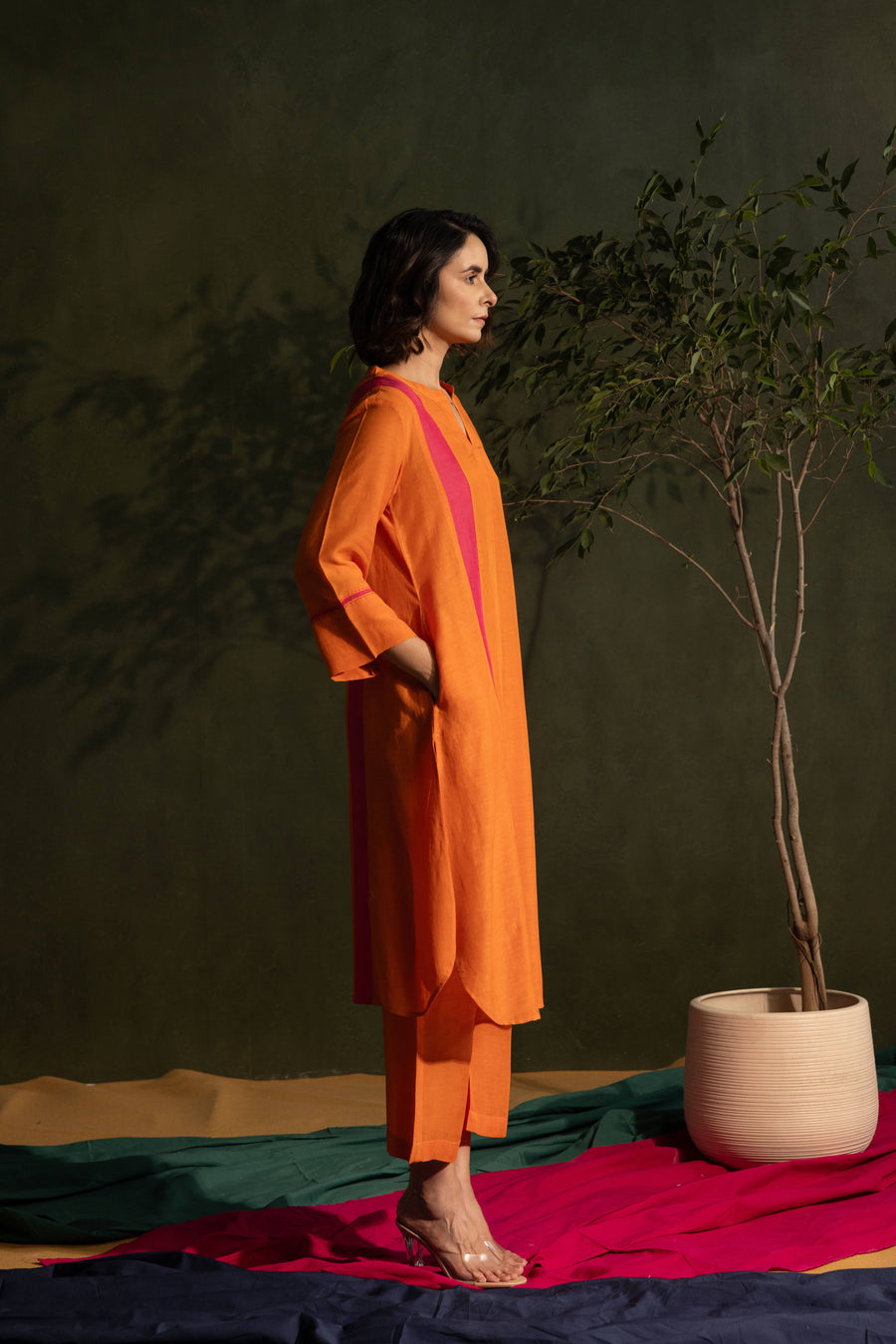 Orange Viscose Linen Colour Block Mandarin Neck Co-Ord