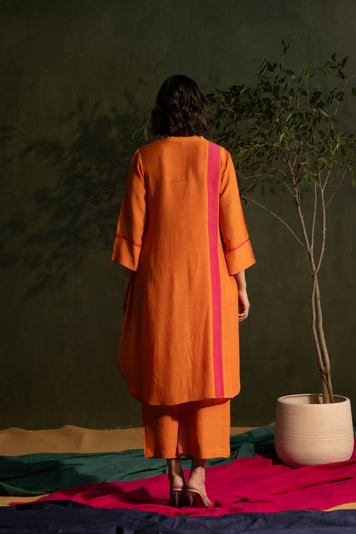 Orange Viscose Linen Colour Block Mandarin Neck Co-Ord