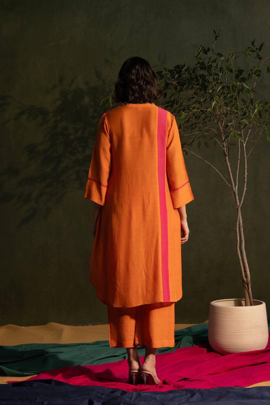 Orange Viscose Linen Colour Block Mandarin Neck Co-Ord