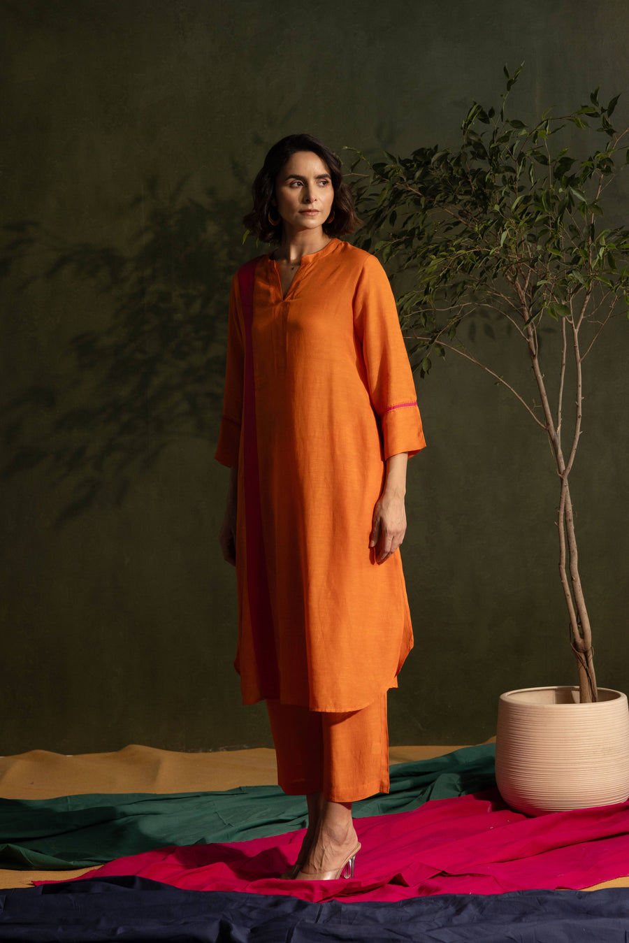 Orange Viscose Linen Colour Block Mandarin Neck Co-Ord