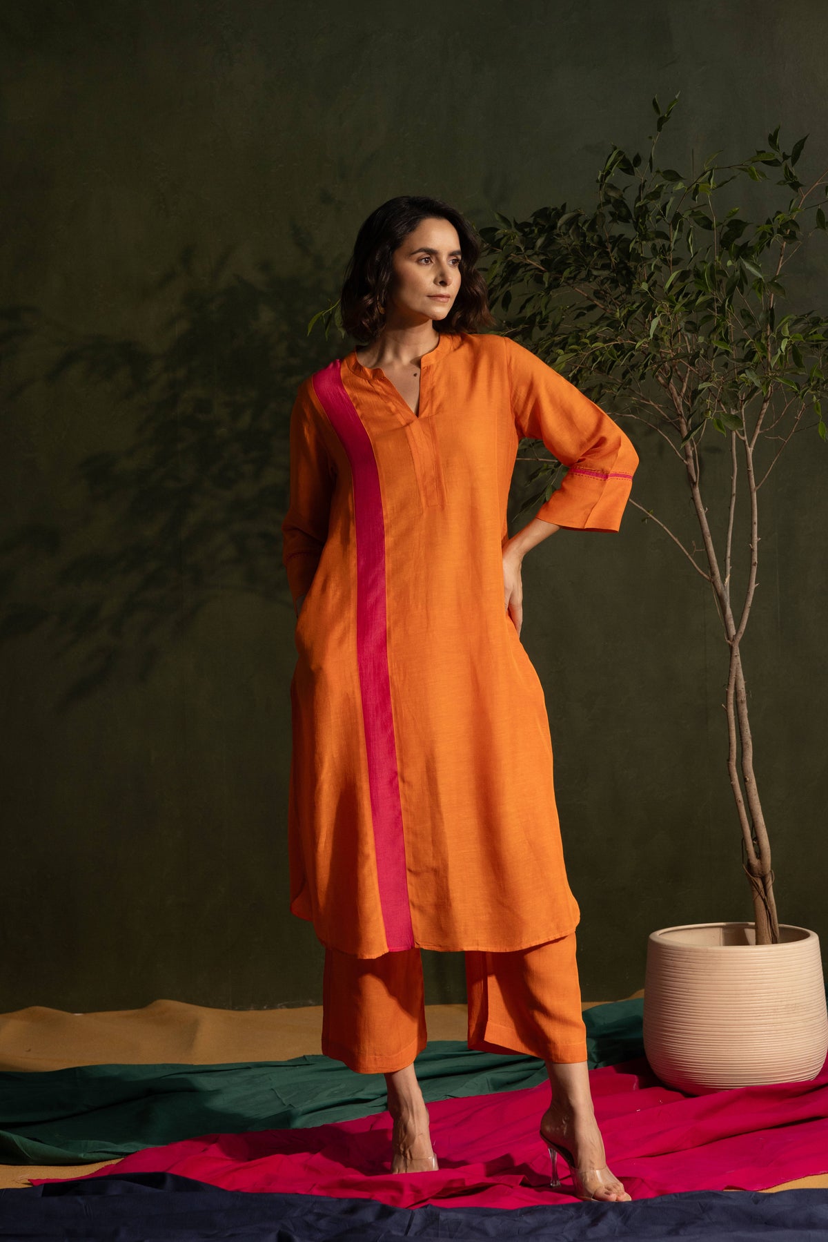 Orange Viscose Linen Colour Block Mandarin Neck Co-Ord