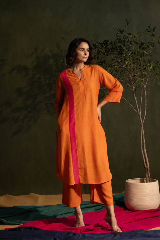 Orange Viscose Linen Colour Block Mandarin Neck Co-Ord