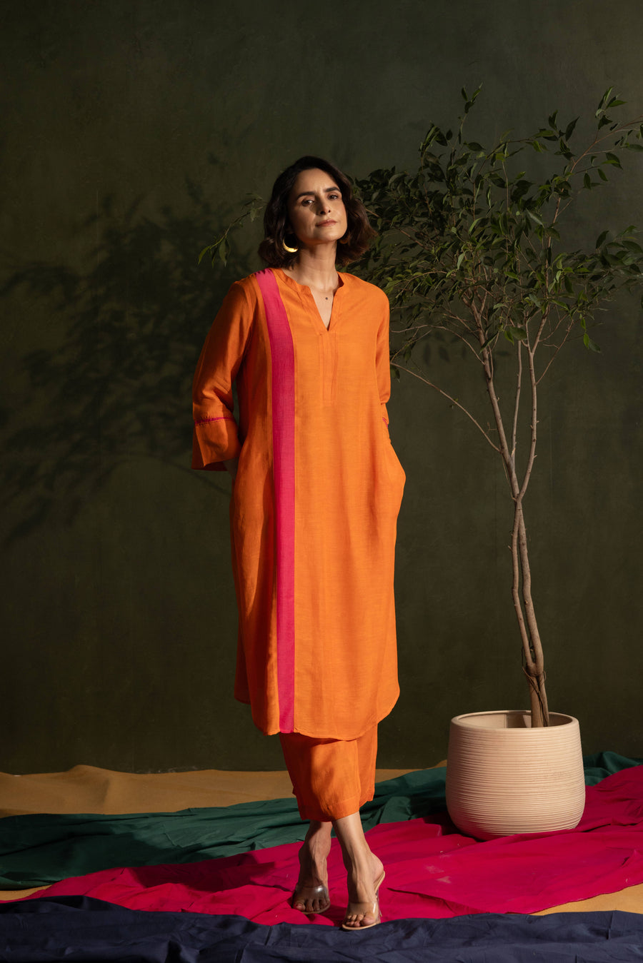 Orange Viscose Linen Colour Block Mandarin Neck Co-Ord