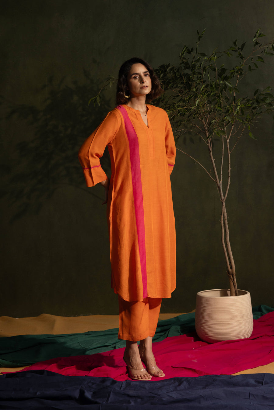 Orange Viscose Linen Colour Block Mandarin Neck Co-Ord
