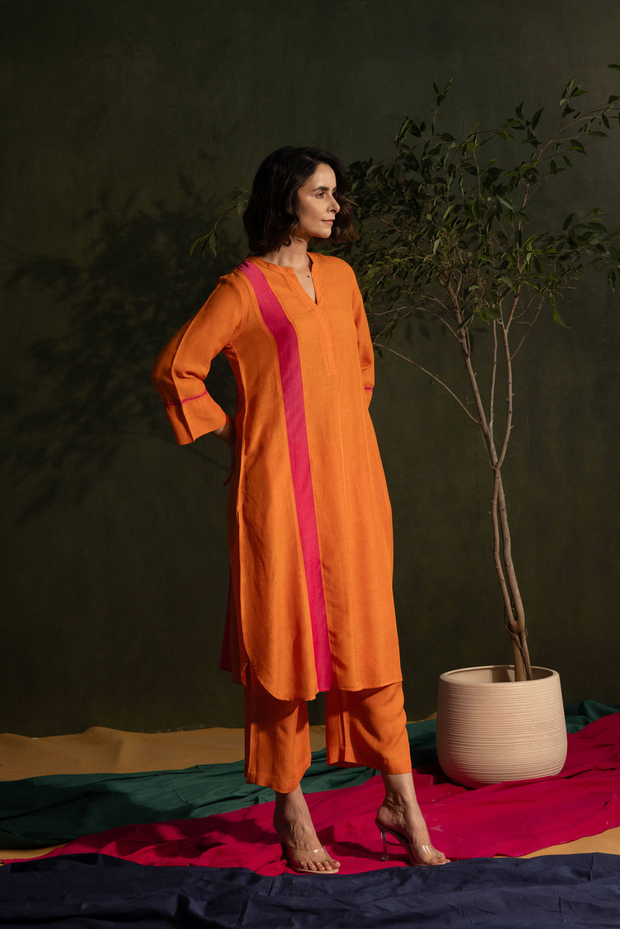 Orange Viscose Linen Colour Block Mandarin Neck Co-Ord