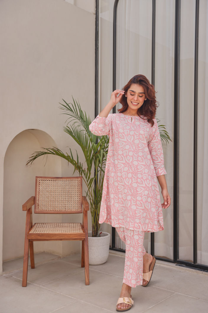 Pink Floral Printed Cotton Co-Ord Set