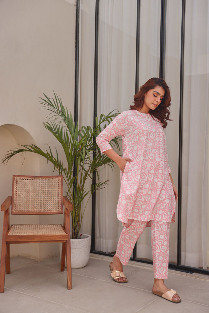 Pink Floral Printed Cotton Co-Ord Set