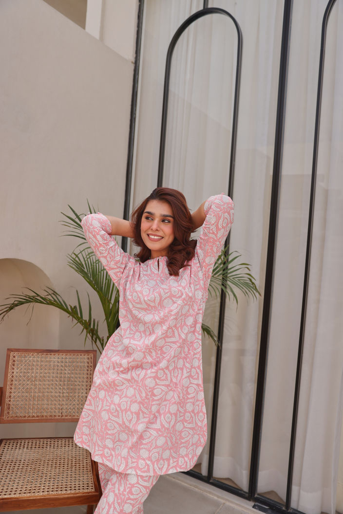 Pink Floral Printed Cotton Co-Ord Set