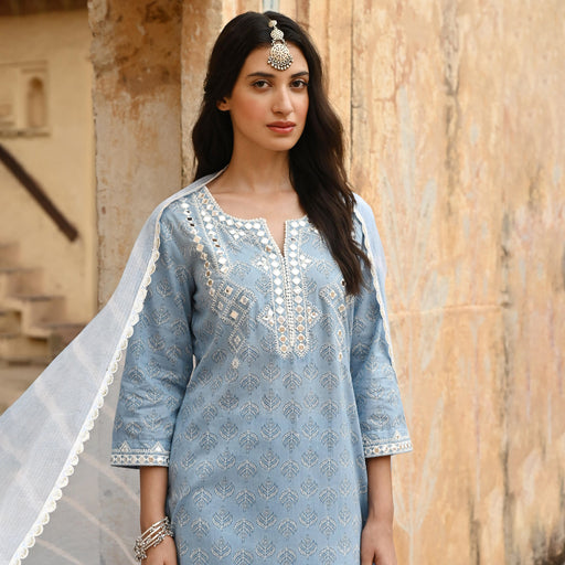 Blue Embroidered Cotton Kurta Pant Set With Dupatta