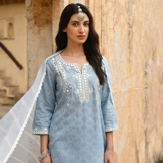 Blue Embroidered Cotton Kurta Pant Set With Dupatta