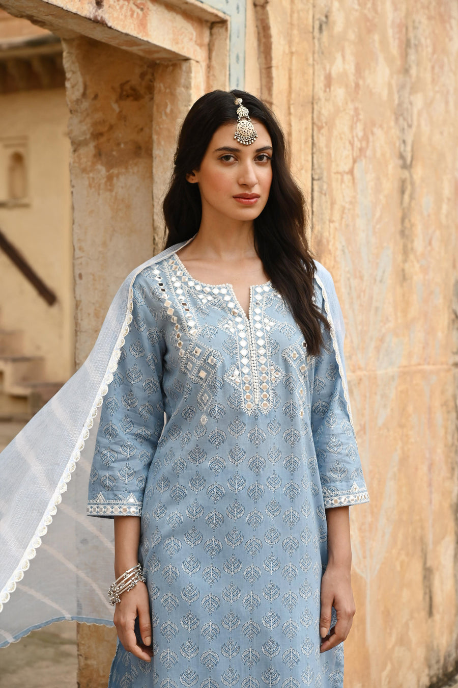 Blue Embroidered Cotton Kurta Pant Set With Dupatta