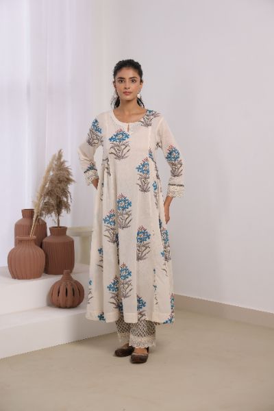 Cream Mul Cotton Gathered Kurta with Blue Floral Motifs, Lace & Bead Work – Pant Set