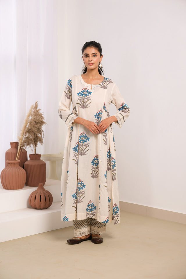 Cream Mul Cotton Gathered Kurta with Blue Floral Motifs, Lace & Bead Work – Pant Set