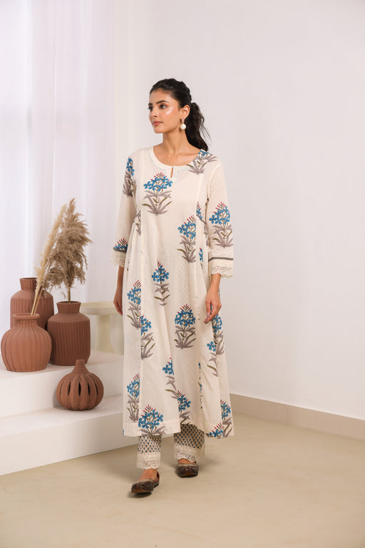 Cream Mul Cotton Gathered Kurta with Blue Floral Motifs, Lace & Bead Work – Pant Set