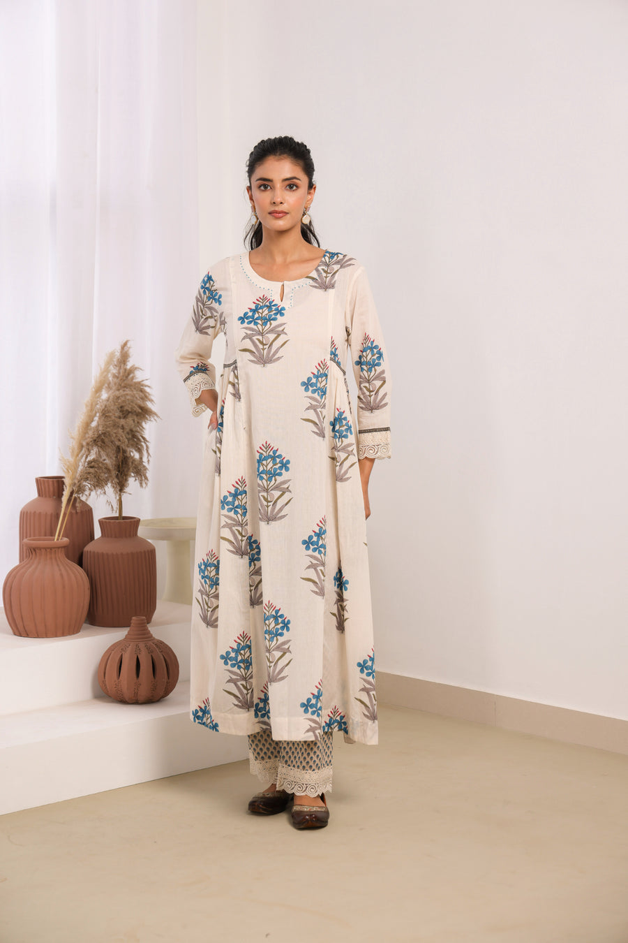 Cream Mul Cotton Gathered Kurta with Blue Floral Motifs, Lace & Bead Work – Pant Set