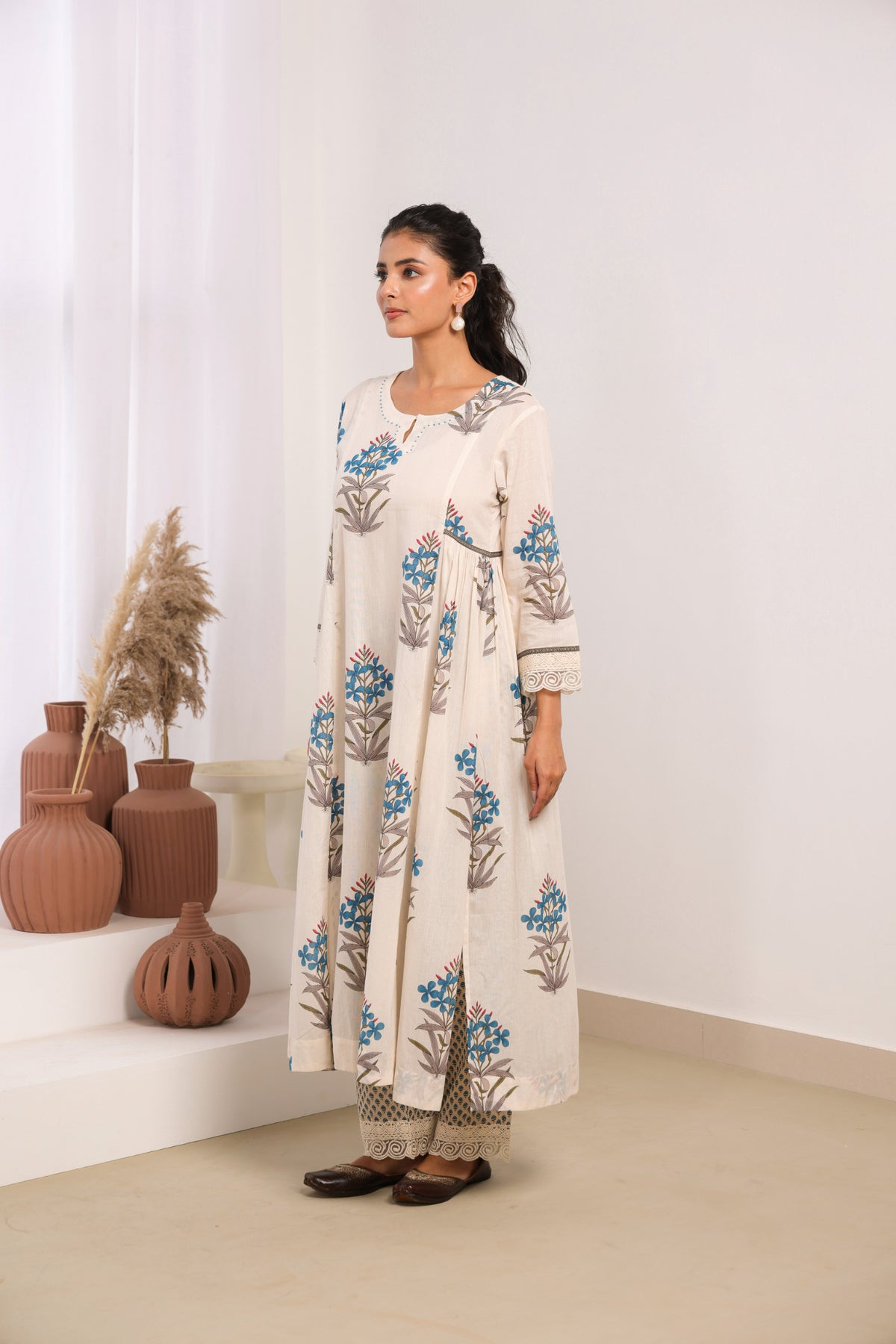 Cream Mul Cotton Gathered Kurta with Blue Floral Motifs, Lace & Bead Work – Pant Set