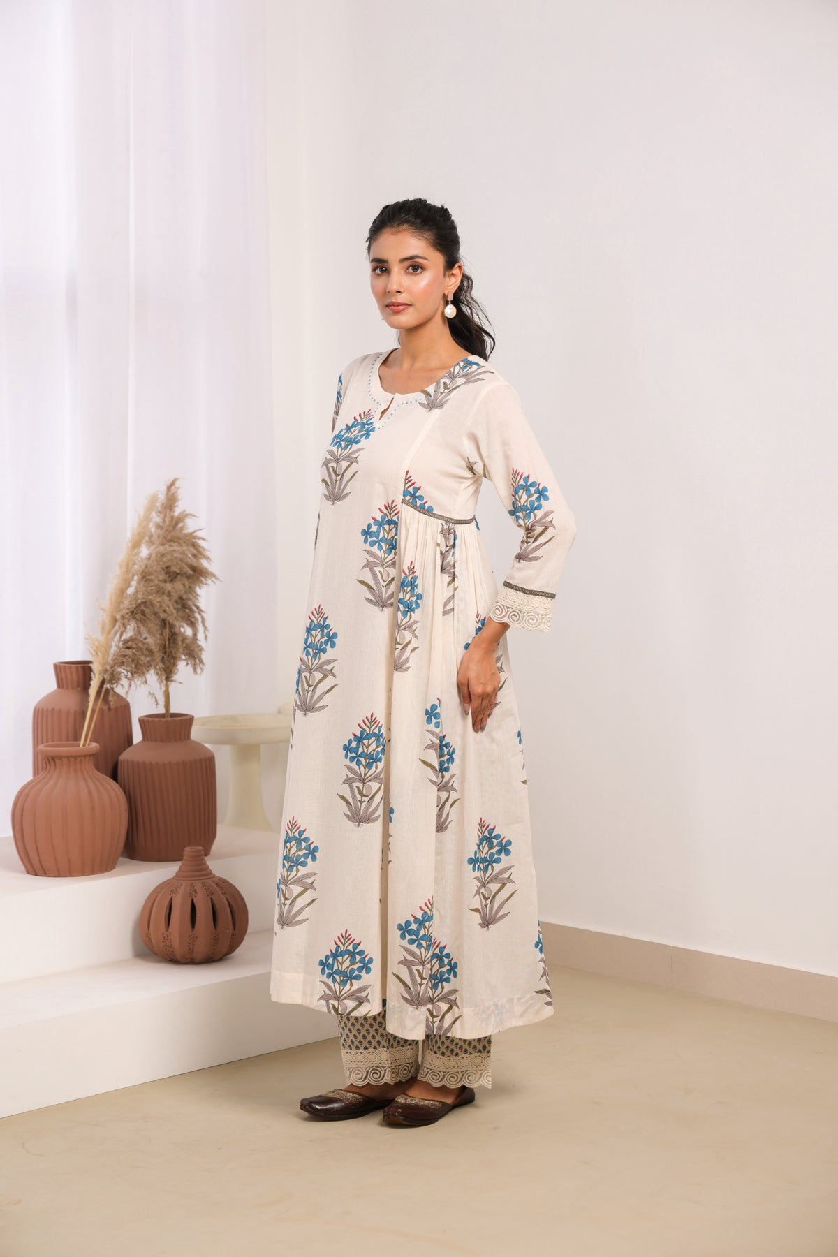 Cream Mul Cotton Gathered Kurta with Blue Floral Motifs, Lace & Bead Work – Pant Set