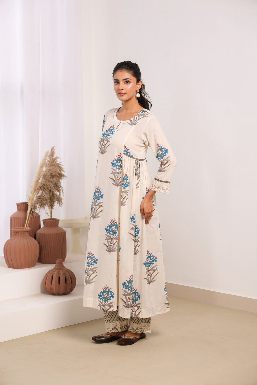Cream Mul Cotton Gathered Kurta with Blue Floral Motifs, Lace & Bead Work – Pant Set