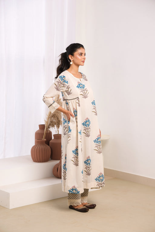 Cream Mul Cotton Gathered Kurta with Blue Floral Motifs, Lace & Bead Work – Pant Set