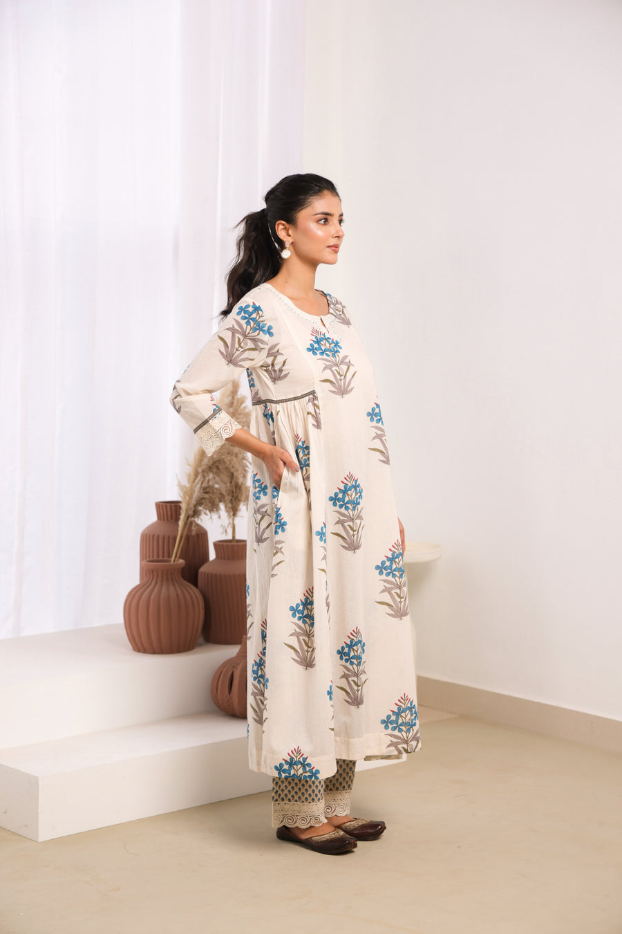 Cream Mul Cotton Gathered Kurta with Blue Floral Motifs, Lace & Bead Work – Pant Set