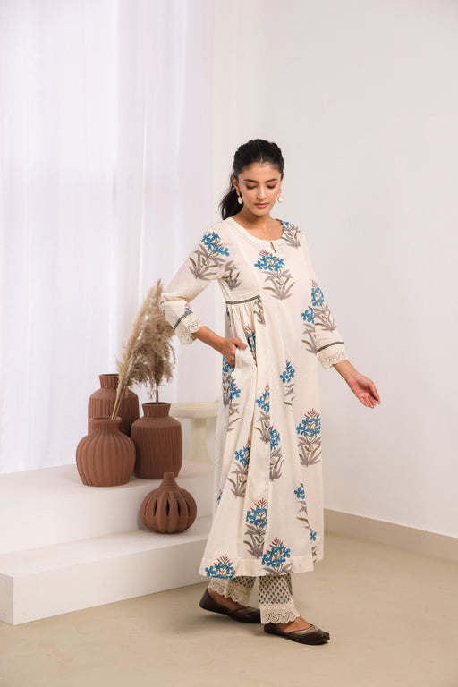 Cream Mul Cotton Gathered Kurta with Blue Floral Motifs, Lace & Bead Work – Pant Set