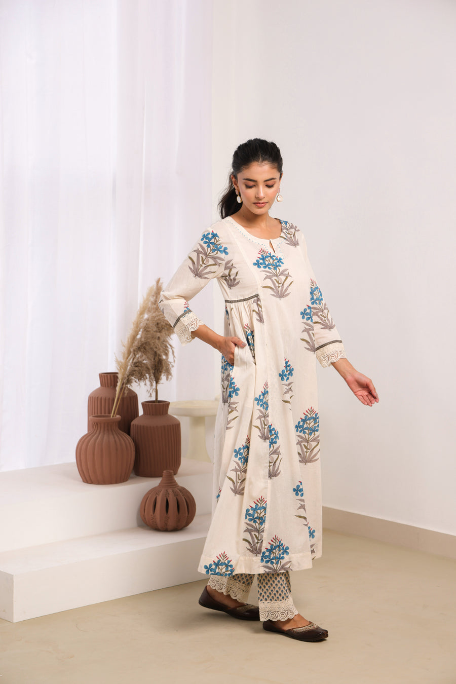 Cream Mul Cotton Gathered Kurta with Blue Floral Motifs, Lace & Bead Work – Pant Set