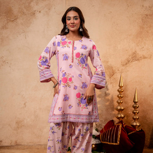 Pink Cotton Dobby Co-Ord Set with Lace Work