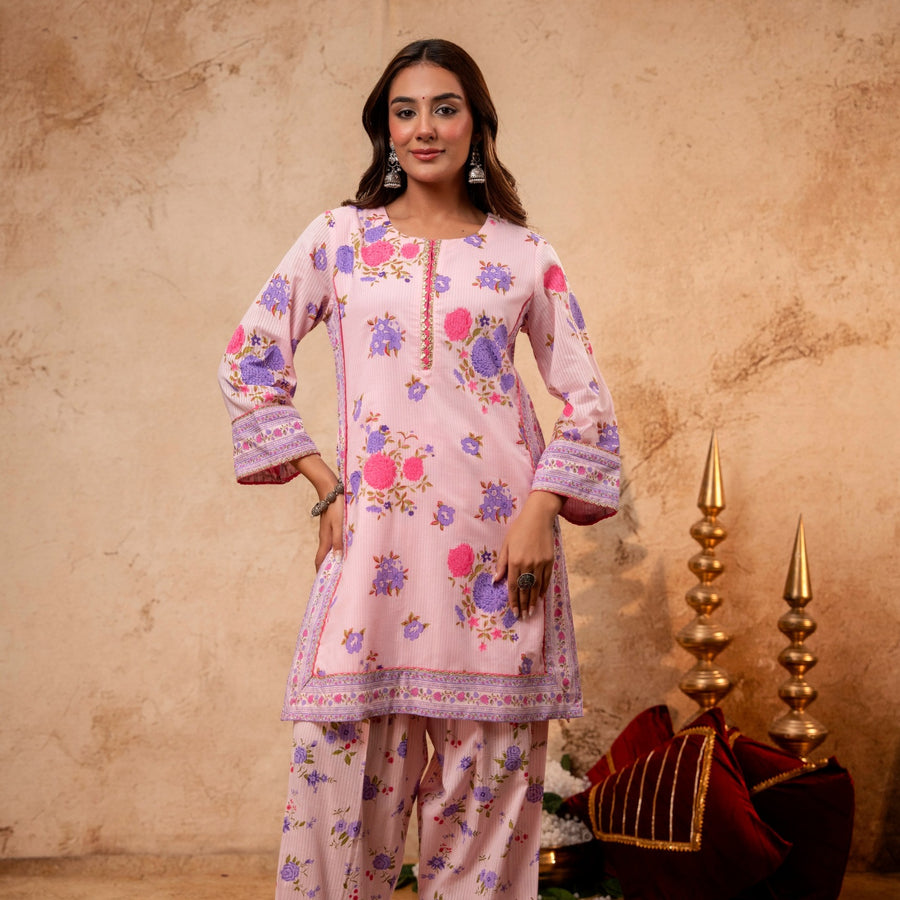Pink Cotton Dobby Co-Ord Set with Lace Work