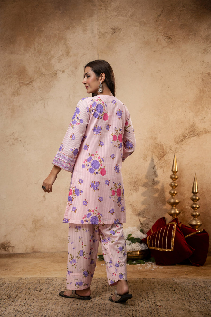 Pink Cotton Dobby Co-Ord Set with Lace Work